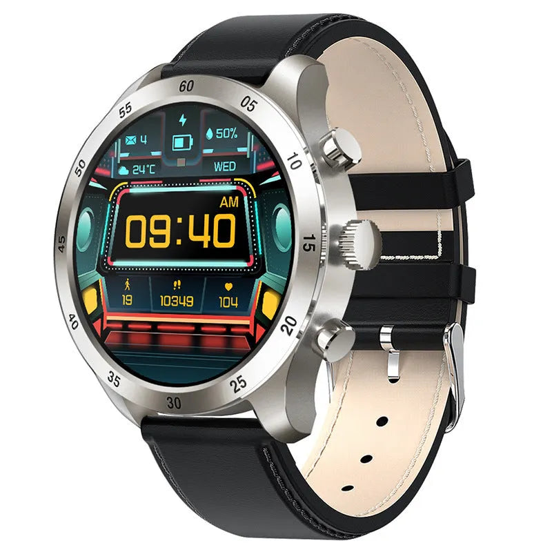 Black steel smart watch with touch screen displaying heart rate data on a wrist