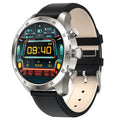 Black Bluetooth smart watch with stainless steel strap on a wrist, displaying time and heart rate.