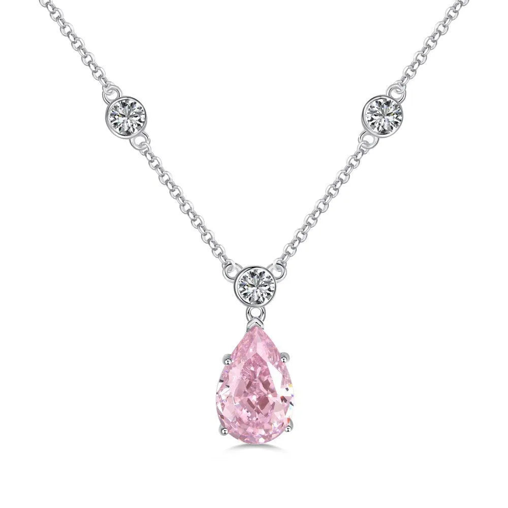 925 silver drop-shaped necklace with electroplated platinum white diamond finish on display
