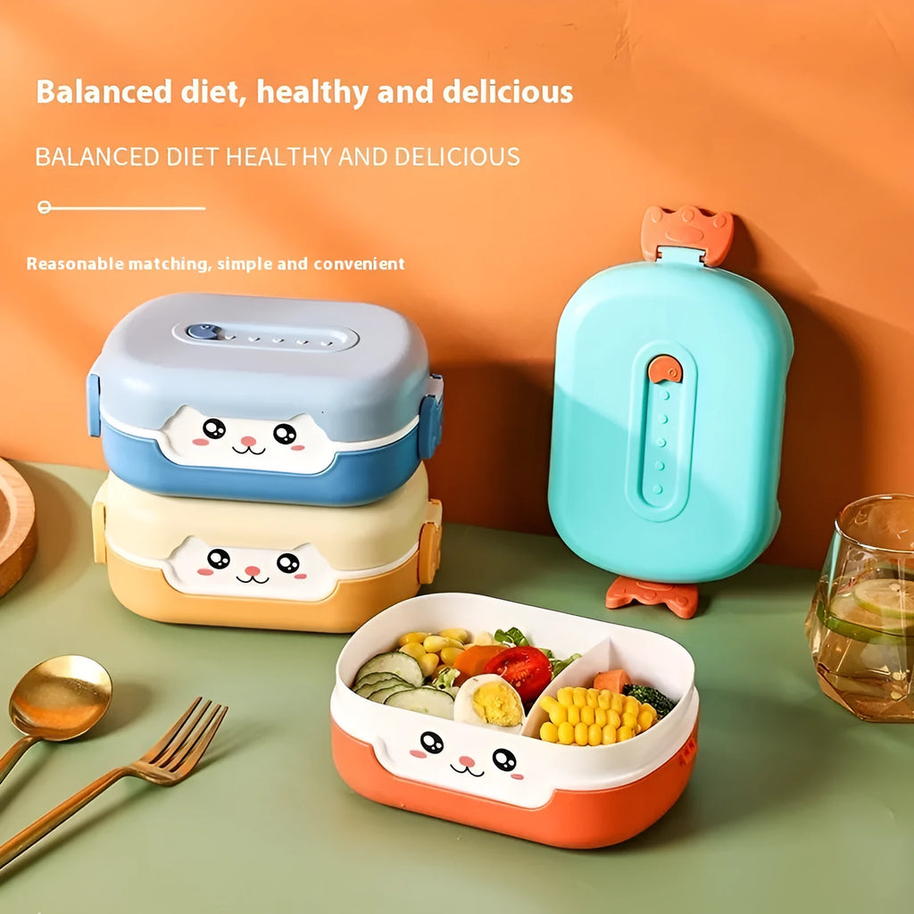 Square divided plastic lunch box in solid colour options of dark blue, pink and green, or orange yellow.