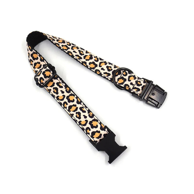 Brown leopard print dog collar and leash set with black buckle, shown in collar-only and collar-with-traction-rope options.