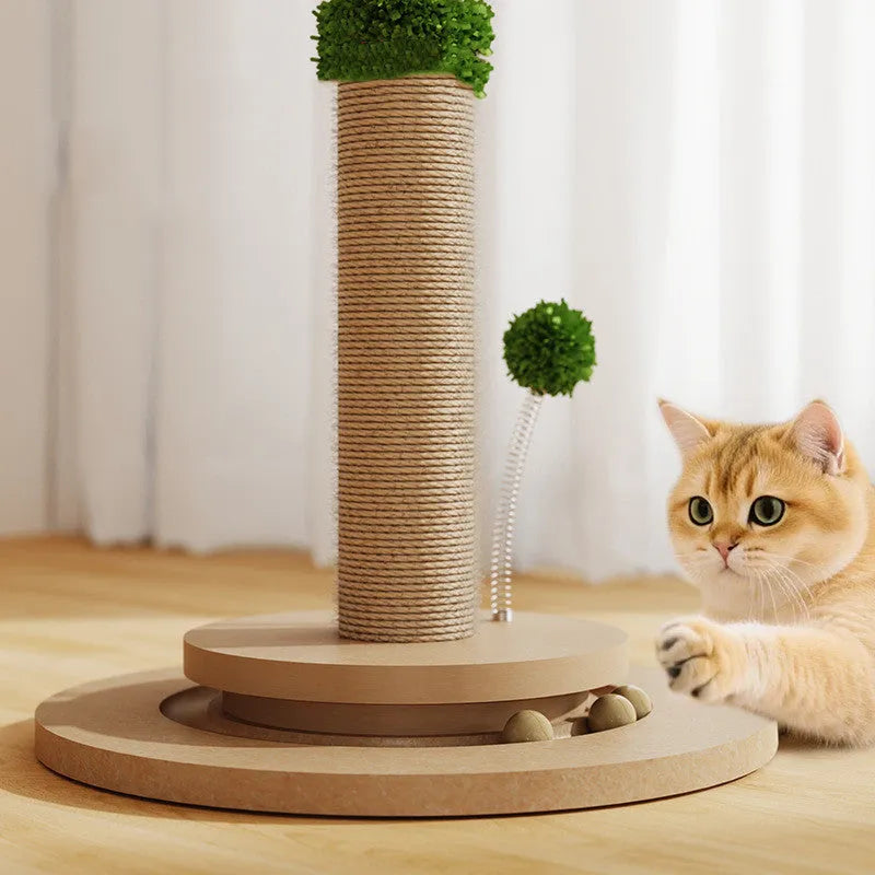 Vertical cat climbing frame with beige hemp rope scratching posts and a wooden platform in a room corner