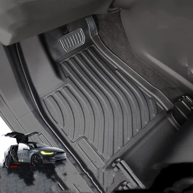 Tesla Model X waterproof TPE rubber floor mat and tailored boot liner set for left-hand drive.