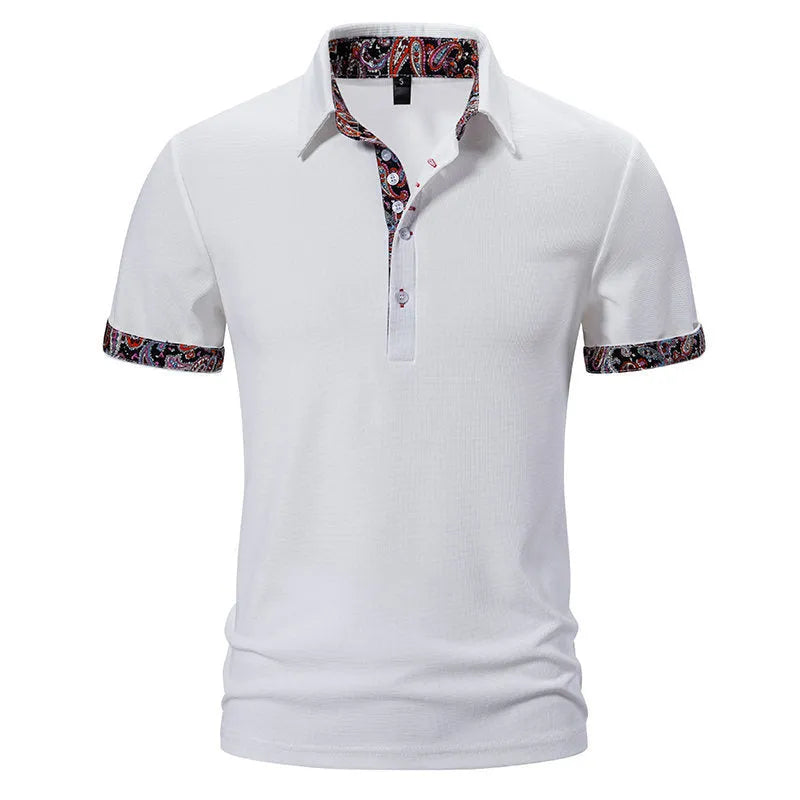 Men's navy blue polo shirt with turnover collar and contrast colour stitching on short sleeves.