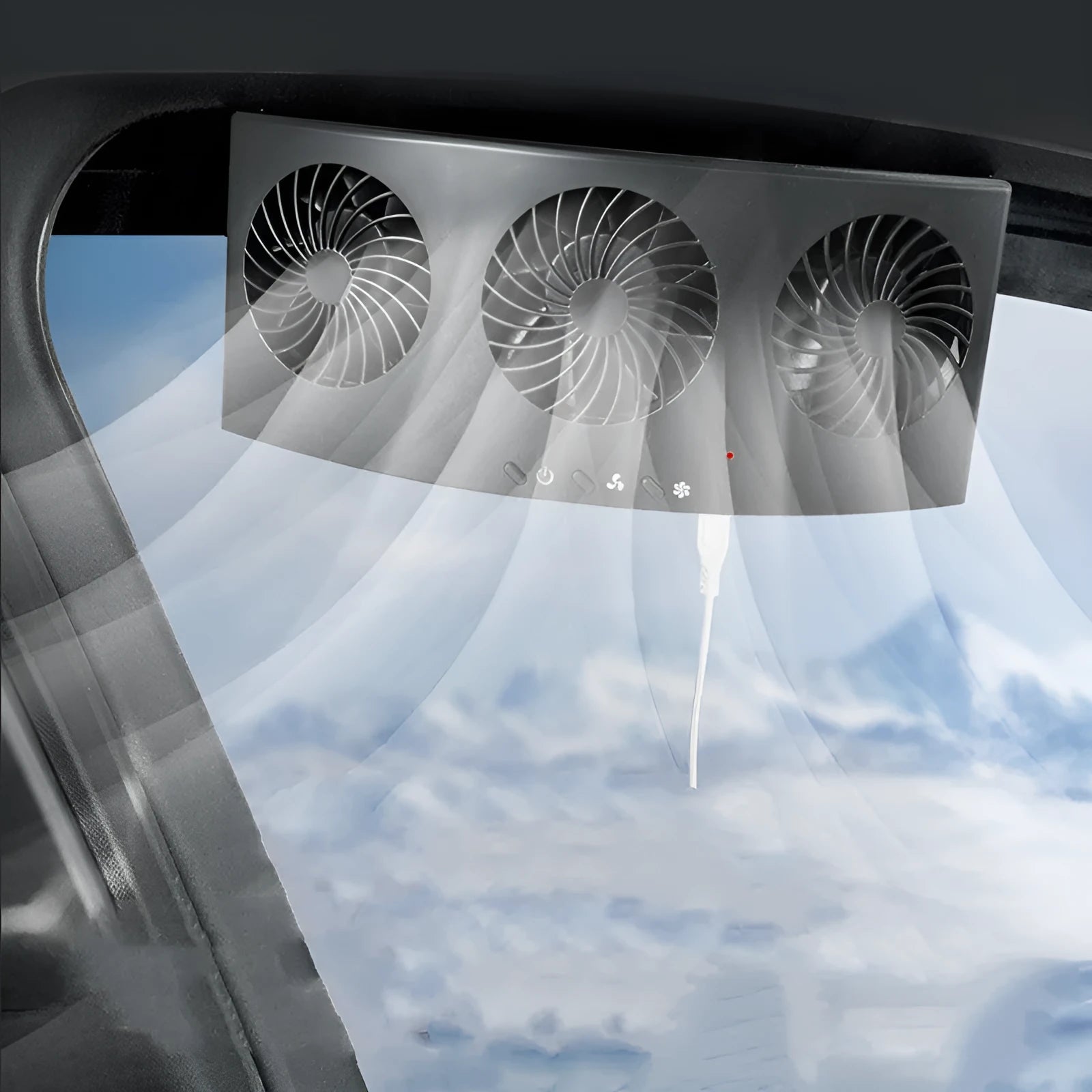 Black and white USB-powered car ventilation fan for exhaust odour removal