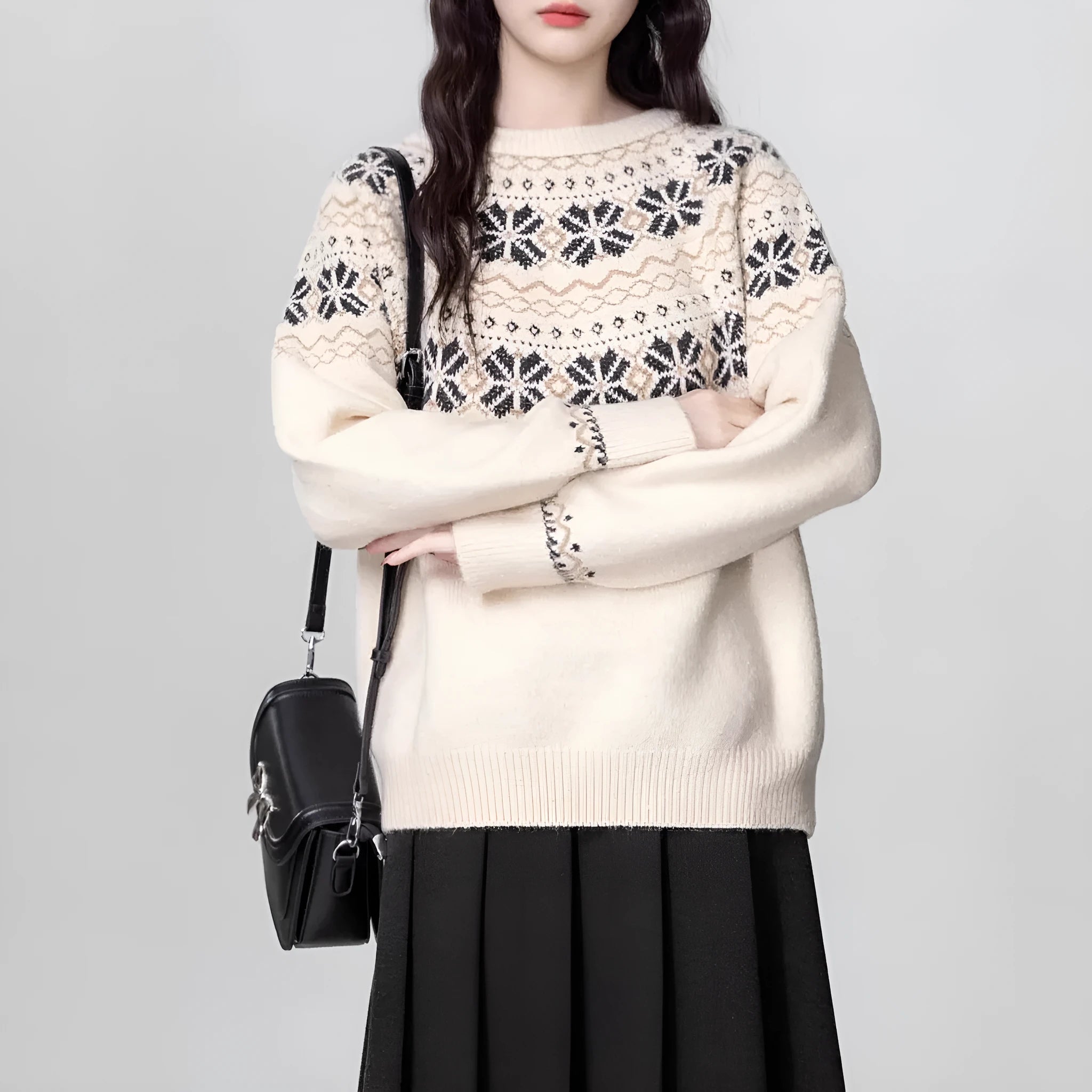 Women's vintage Fair Isle geometric pattern pullover sweater in Milky White, loose fit.