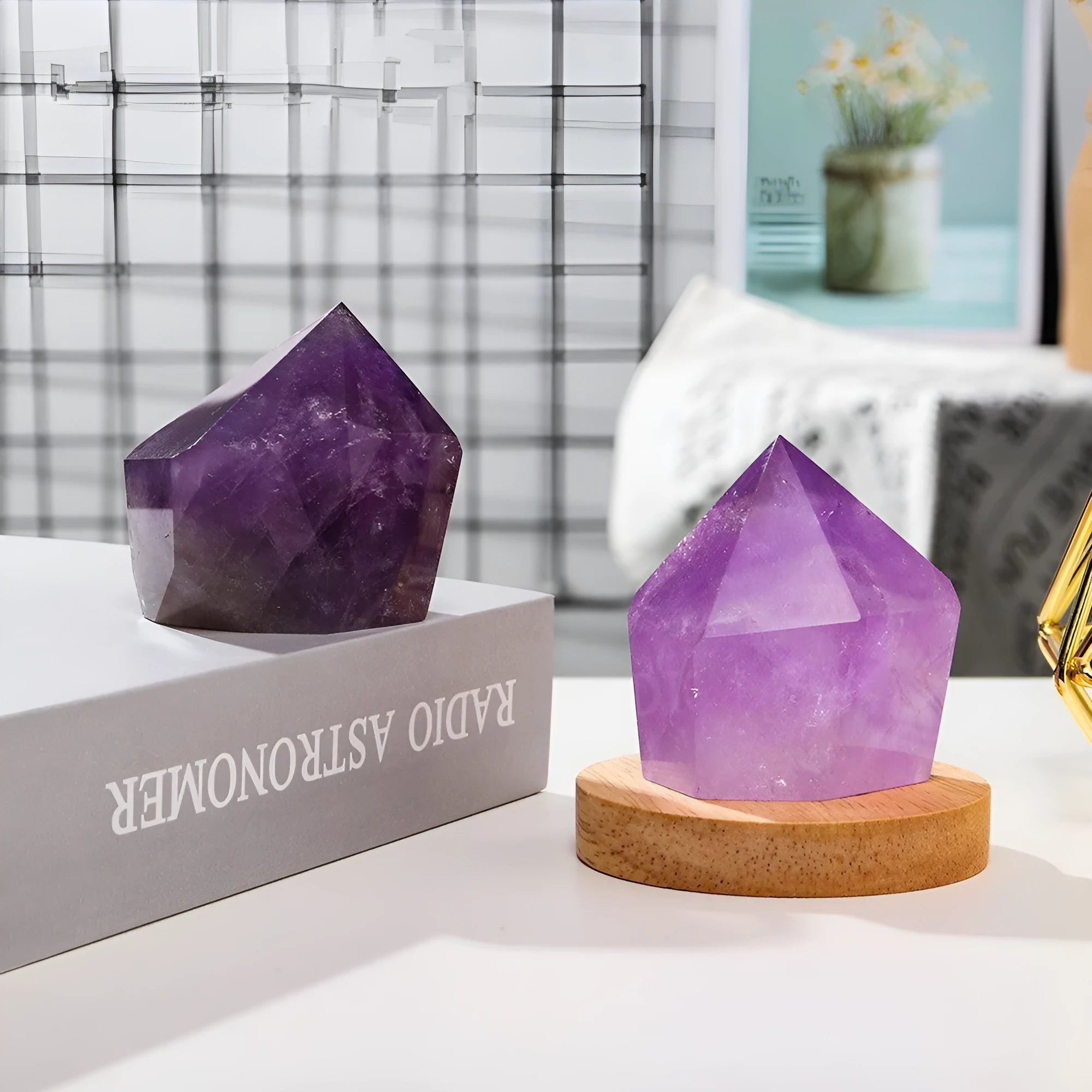 Natural amethyst crystal cake tower night light on USB base, modern simple style, purple stone