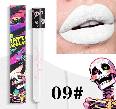 Halloween matte lip gloss in a test tube skull container showing gold and silver shades
