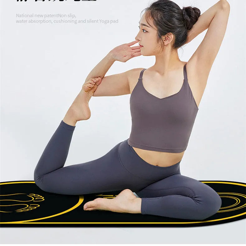 A pink faux leather yoga mat with a non-slip surface, shown rolled and unrolled.