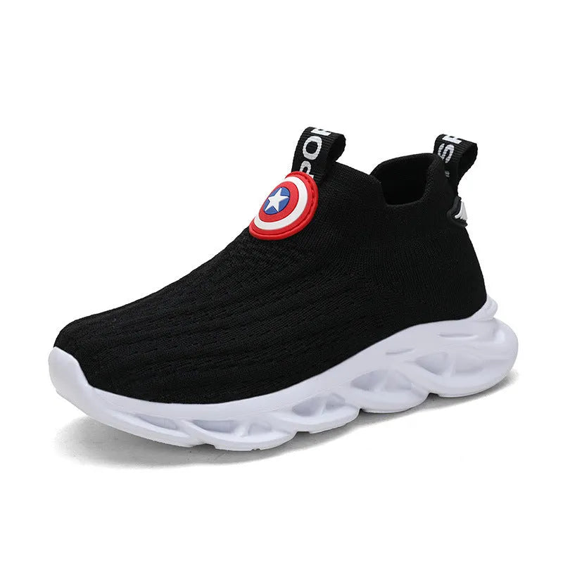 Black and white knitted sleeve-style overshoes with MD sole for runway wear