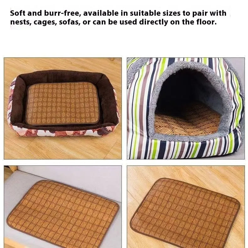 Brown woven rattan fibre dog cooling mat shown on a floor, available in multiple sizes.