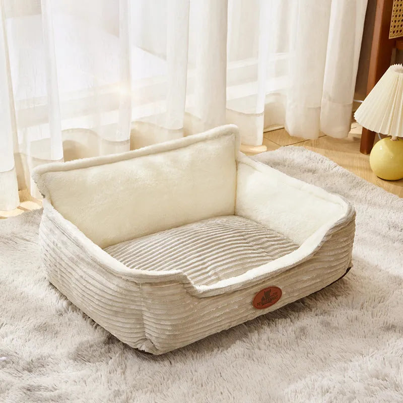 Coffee coloured removable cover dog and cat bed cushion showing raised edge, with S size 45x50cm dimensions