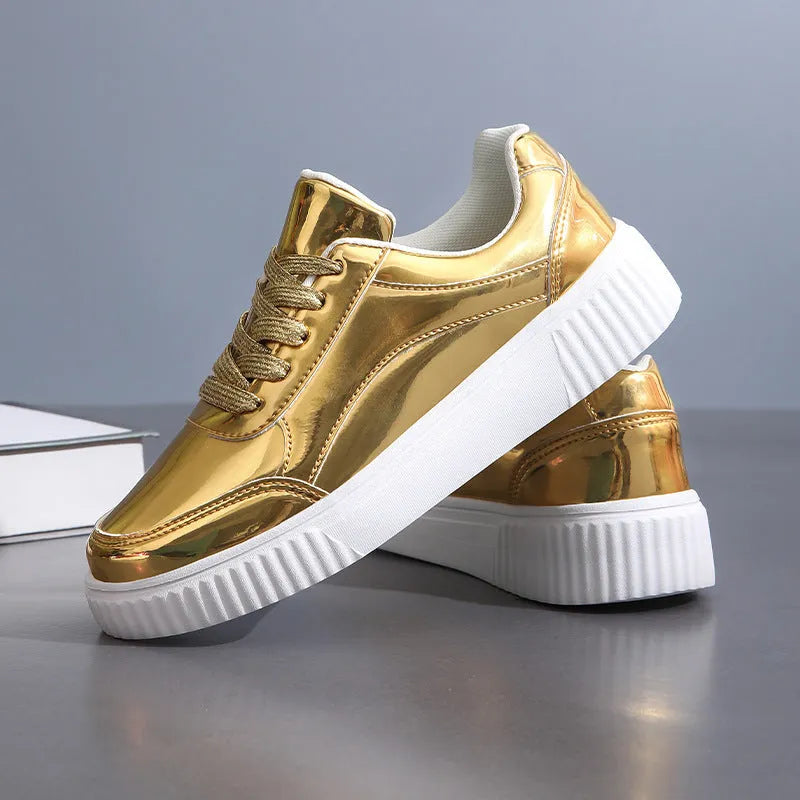 Rose gold sequin platform sneakers with round toe and thick MD sole on size label background