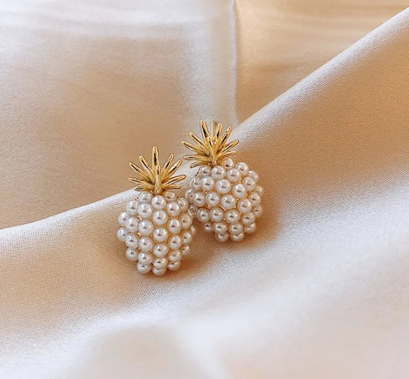 Korean style pineapple starfish pearl drop earrings in electroplated alloy with artificial gem inlay