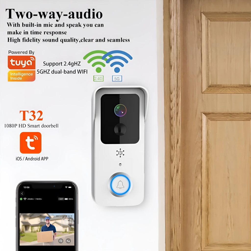 Waterproof smart HD visual doorbell with a rechargeable battery on a doorstep.