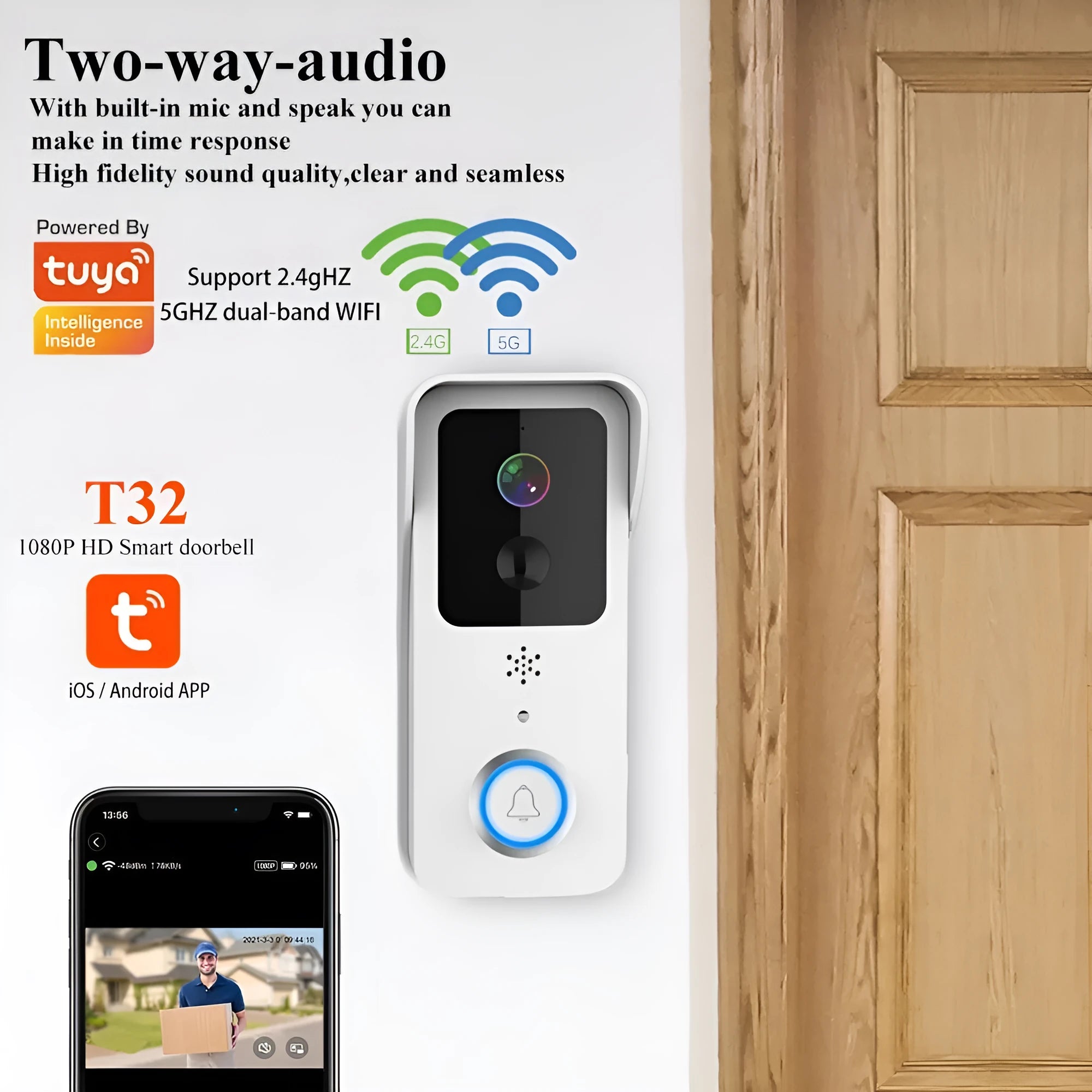 Waterproof smart HD visual doorbell with a rechargeable battery on a doorstep.