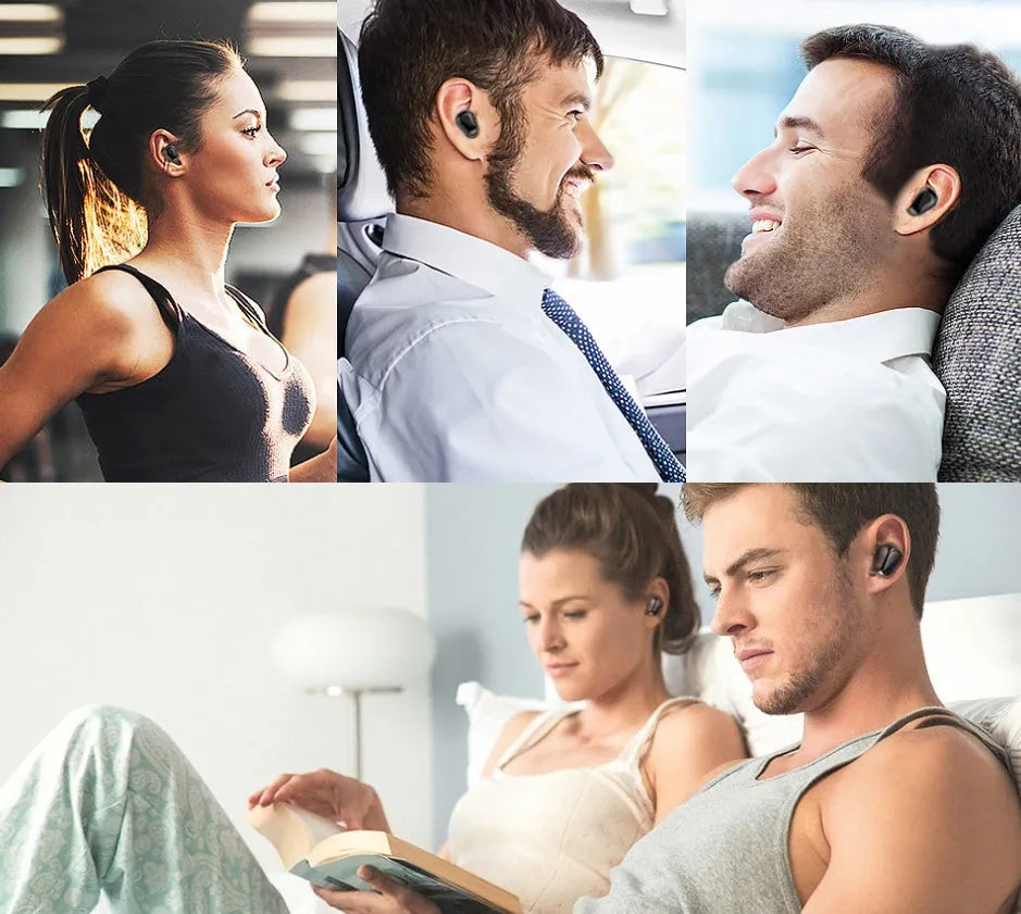 White TWS wireless in-ear sports headphones and compact rectangular charging case on a table.