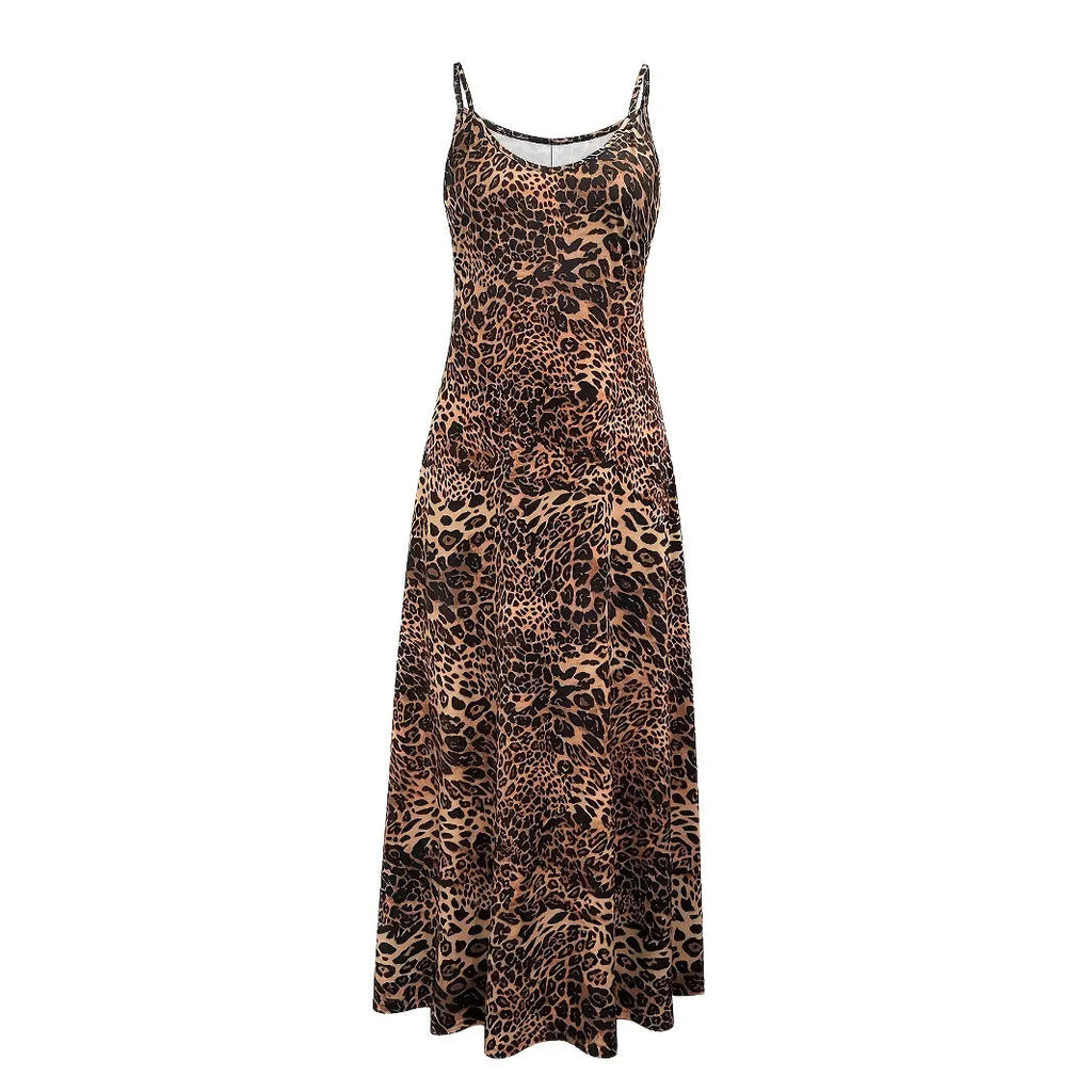 Women's dark brown leopard print dress with sleeveless round neck and shoulder strap details