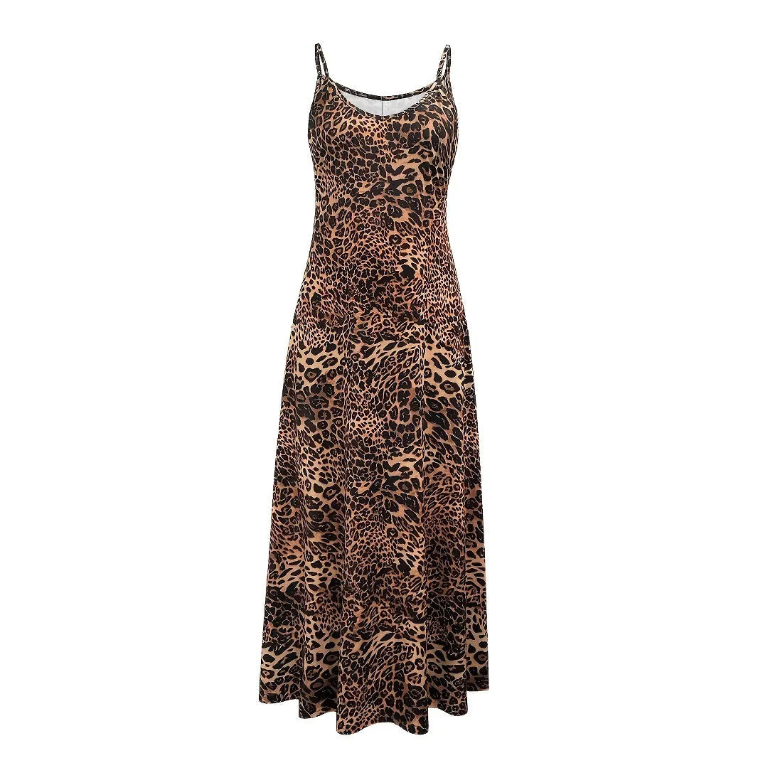 Women's dark brown leopard print dress with sleeveless round neck and shoulder strap details