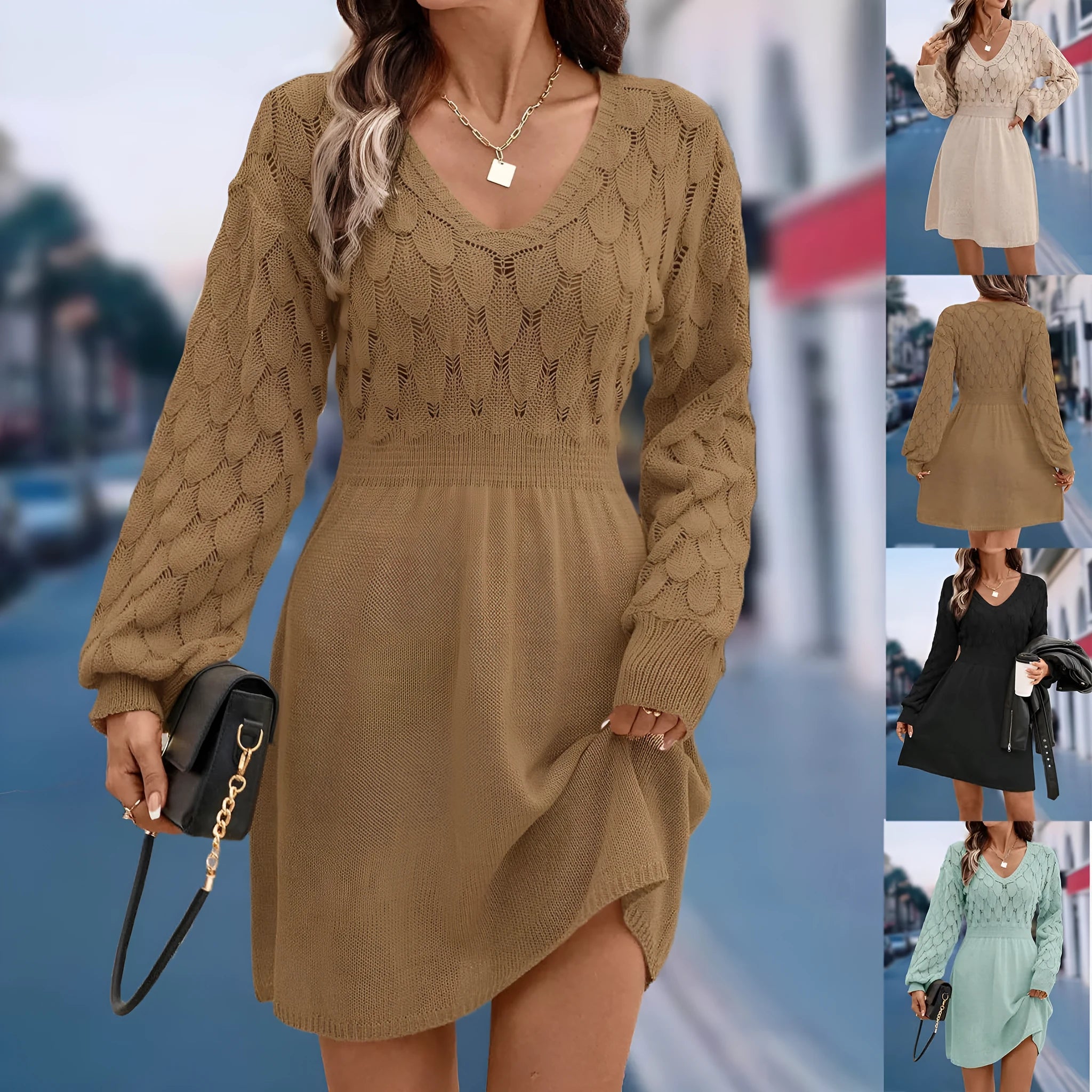 Women's artistic retro V-neck long sleeve dress in a light blue green colour with a 3D pattern detail.