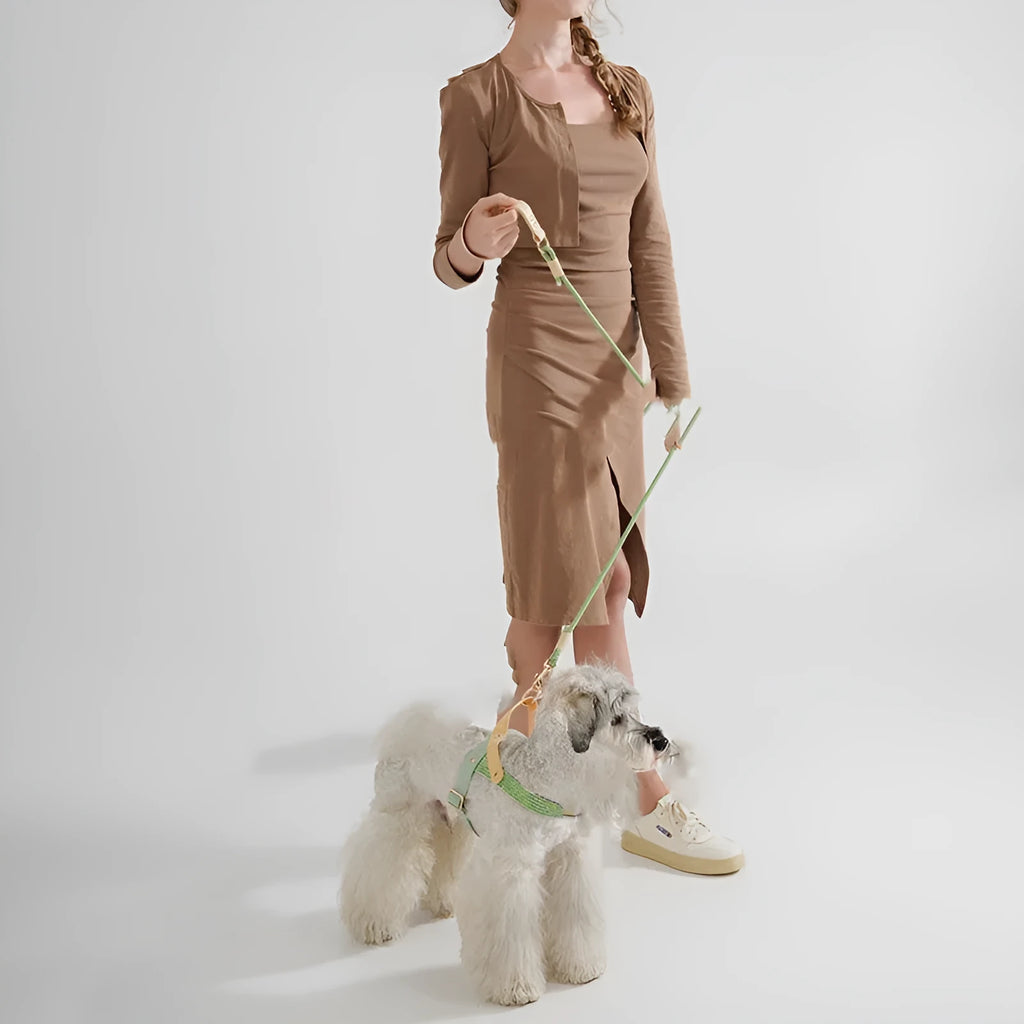 Dog hand holding rope in Shadow White with safety buckle, 120cm length, PVC-coated nylon material