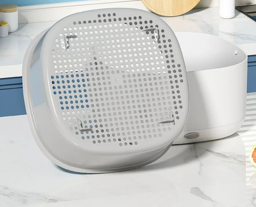 Portable ultrasonic fruit and vegetable washing basket in PP plastic, white body with grey drainage basket