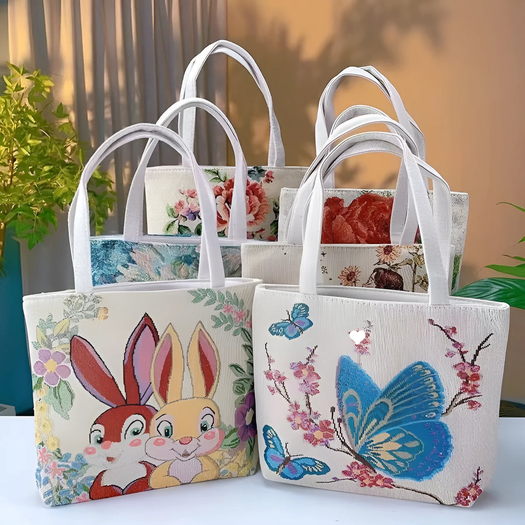 Double-sided gold wire embroidered canvas handbag in small, medium, and large sizes with patterned options.