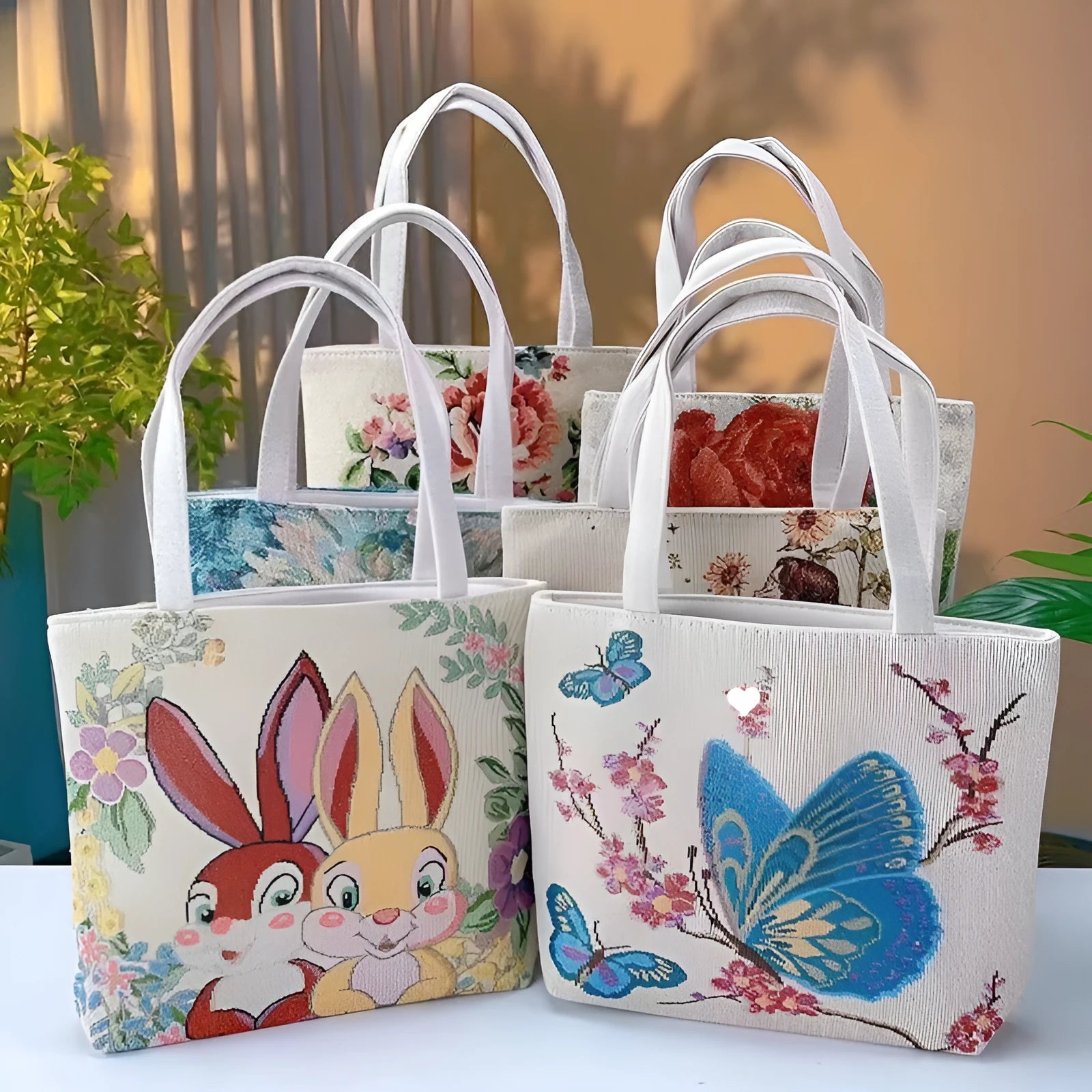 Double-sided gold wire embroidered canvas handbag in small, medium, and large sizes with patterned options.