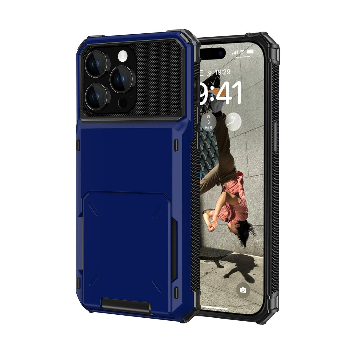 Fashion flip card phone case with PC hard shell in gray, showing card slot and iPhone compatibility