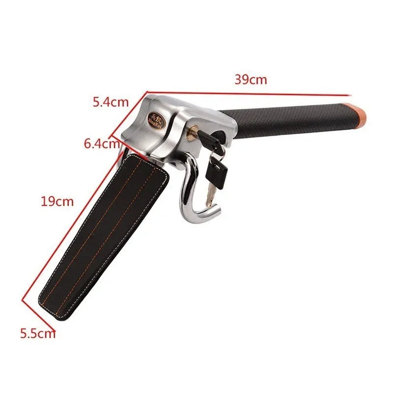 Black car steering wheel lock with alarm, alloy body and artificial leather handle, folded for storage