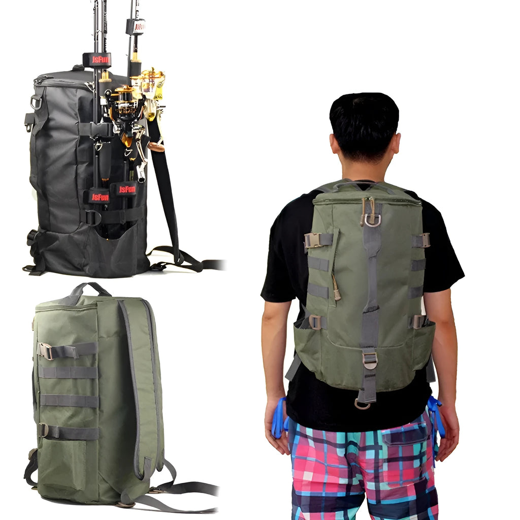 Multi-functional nylon river fishing rod bag in black or army green for bait, line, rod and wheel storage