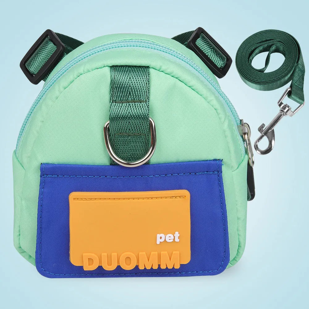 Blue polyester fibre dog backpack harness with snack storage compartments and adjustable straps