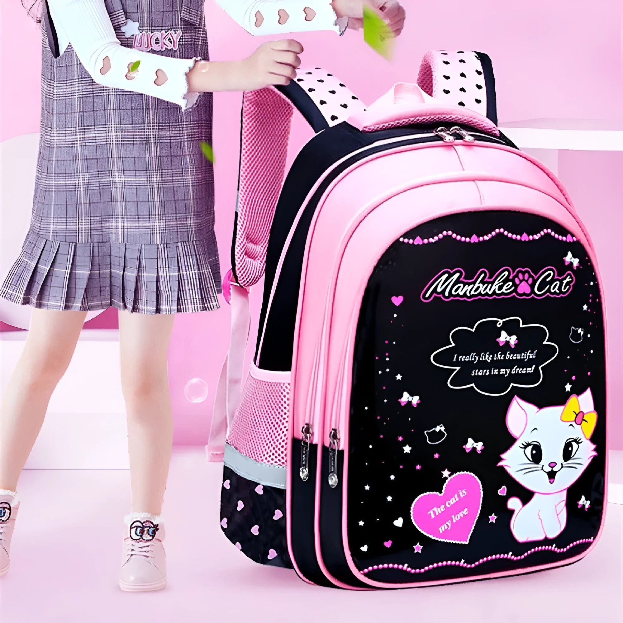 Kids school cute cat print nylon backpack with zipper opening and load-reducing design, available in large and small sizes