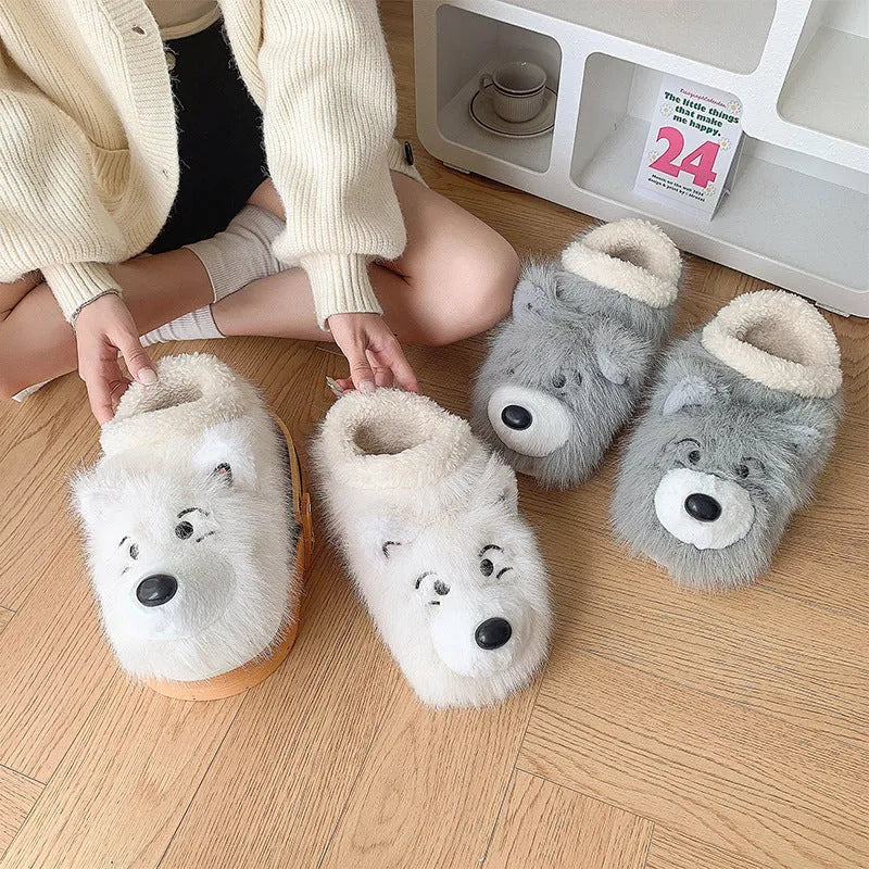 Grey and white ankle wrap cotton slippers with plush upper and artificial wool lining