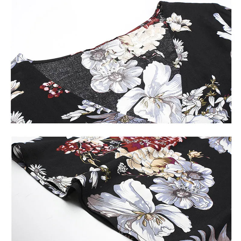 Yellow floral print dress on a hanger showing V-neck, short sleeves, elastic high waist, and full mid-length skirt.