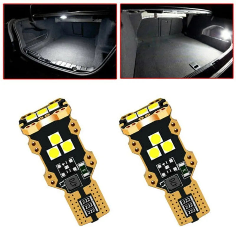 Single T15 white automotive reverse light bulb with PVC housing.