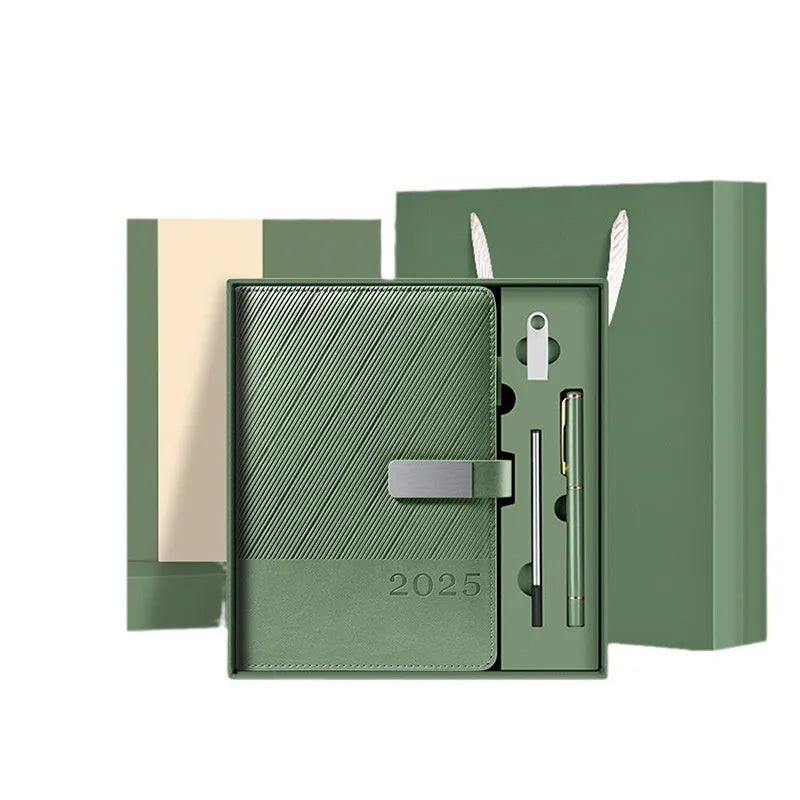 Business notepad with striped PU leather cover showing 204 sheet capacity and wood-free paper