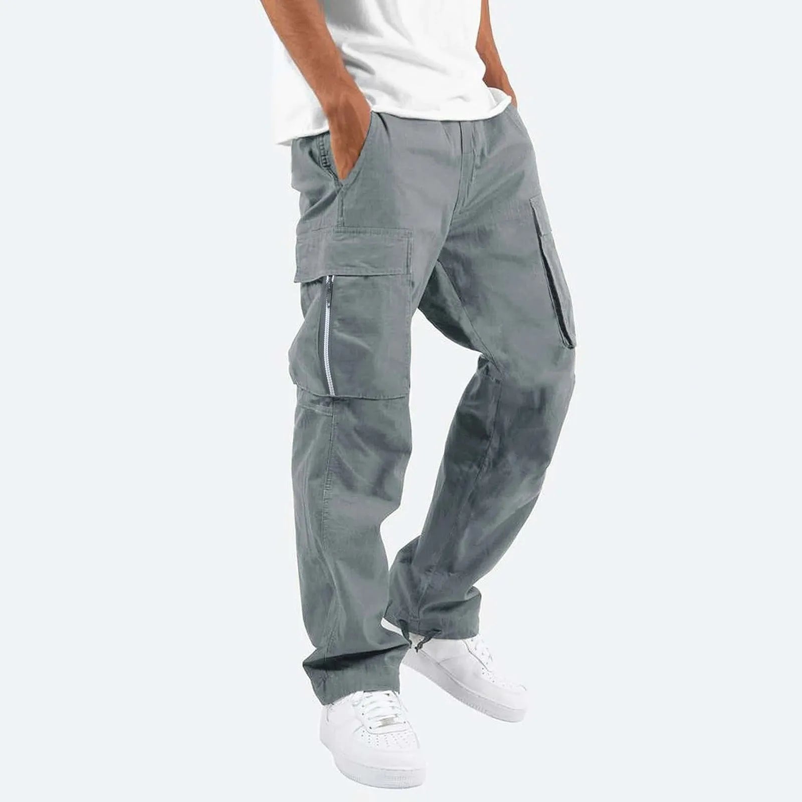 Men's cotton blend work trousers in army green with drawstring elastic waist, side view