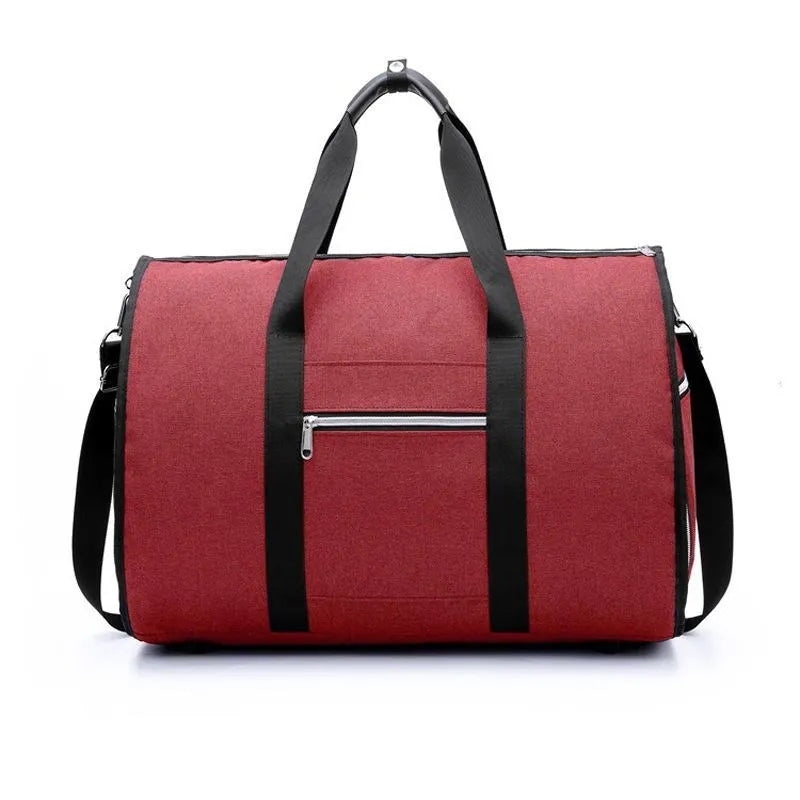 Medium-sized cylindrical travel bag in black Oxford cloth with a zipper and carrying handles.