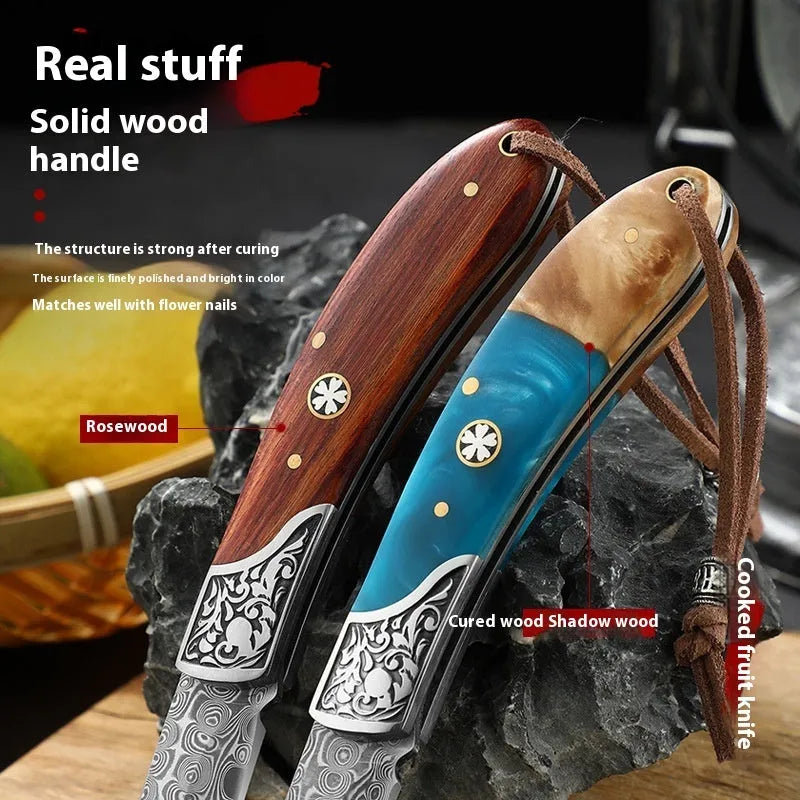 VG10 folding portable mini outdoor knife showing stainless steel blade and handmade national style construction