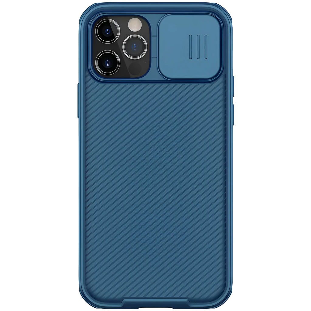 NILLKIN Black Mirror iPhone 12 Pro case with sliding camera cover in black, blue, and green colours