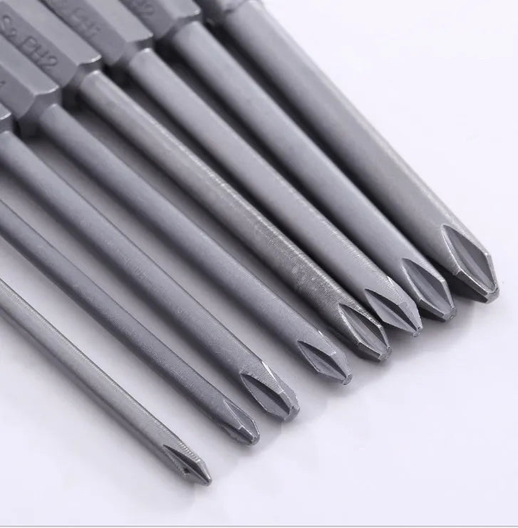 8 magnetic screwdriver bits with hex shanks in Phillips sizes PH0 to PH2