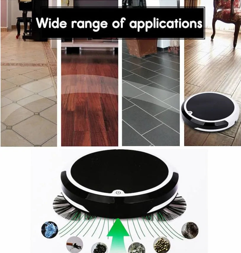 Smart home sweeping robot in white, 27cm square with dust box and charge cable