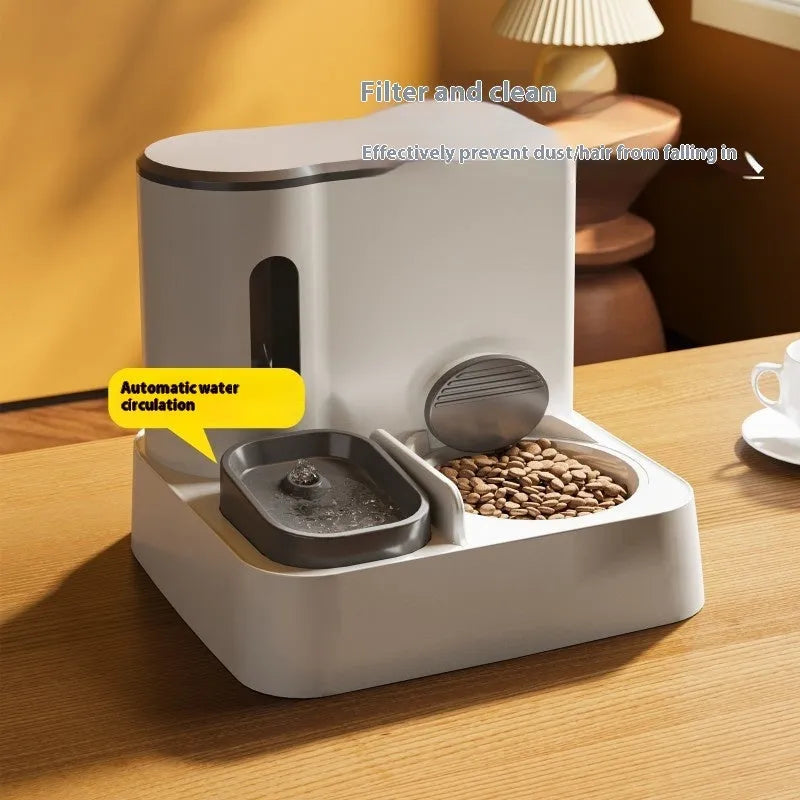 Grey cat automatic feeder with water dispenser and stainless steel bowls