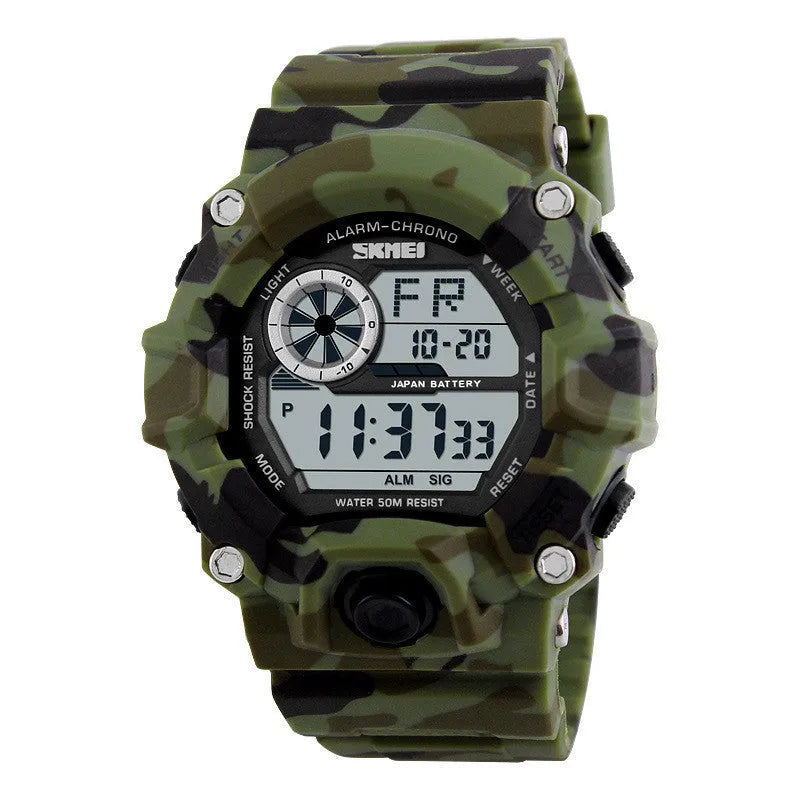 Camouflage green waterproof electronic sports watch with round dial and plastic strap on wrist.