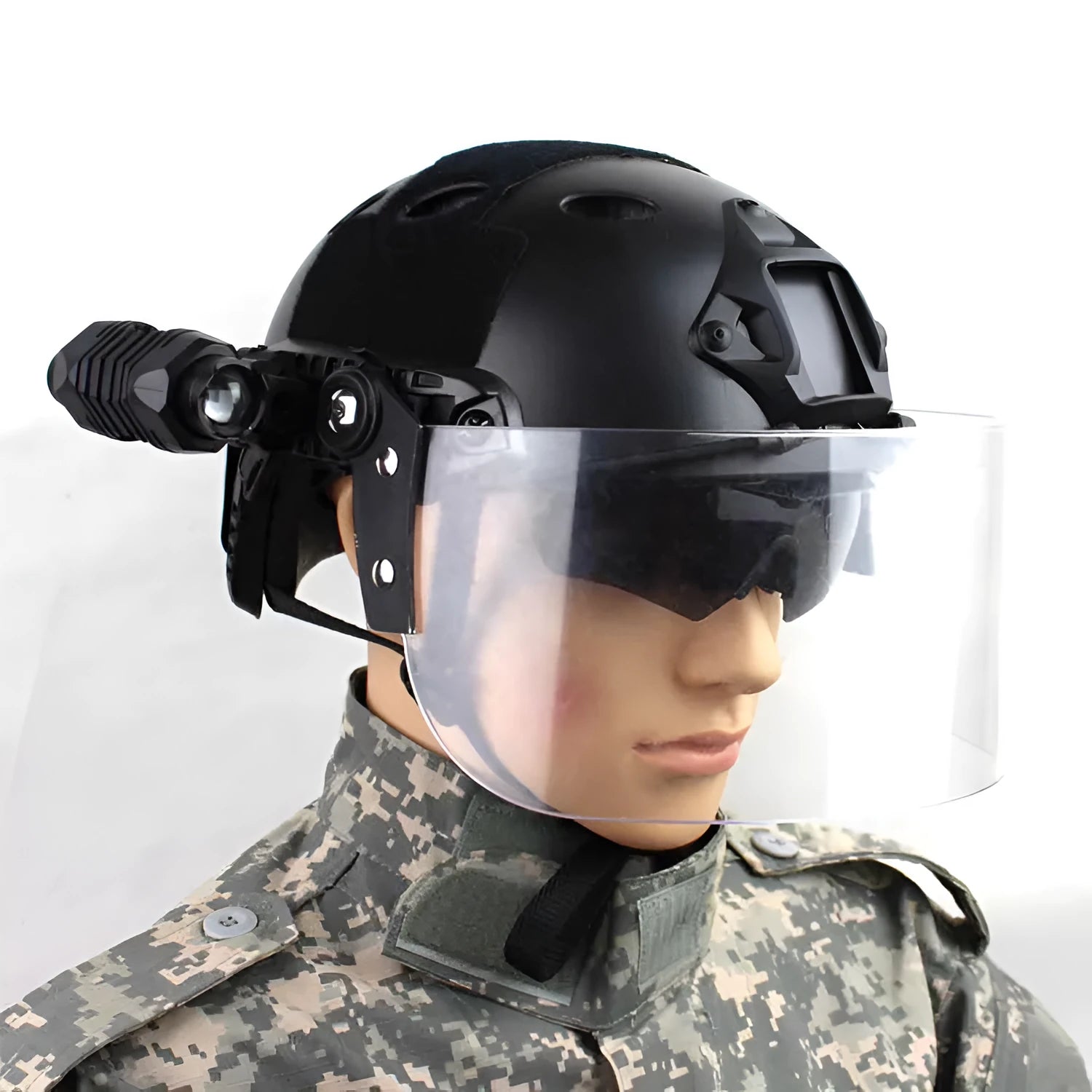 Transparent polycarbonate helmet face shield measuring 30x15cm with guide rail mounting system