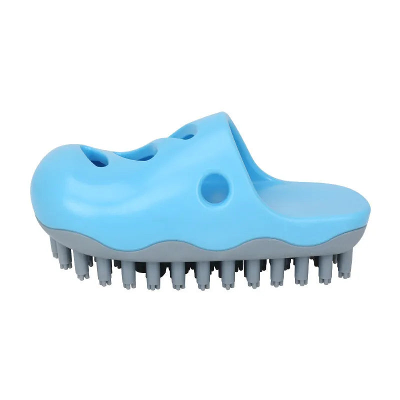 Blue and yellow TPR dog bath massage brush with three head pattern options for pet grooming
