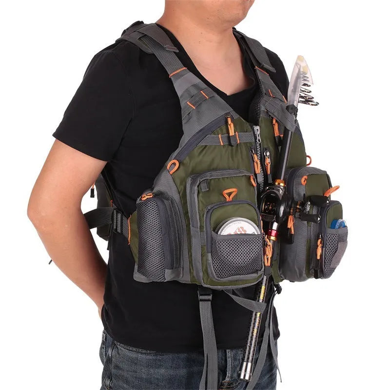 Blue men's fishing life vest with 11 pockets, detachable flotation, and adjustable straps on a white background