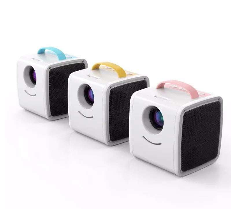 Mini home theater projector displaying a 20-70 inch image on a wall with blue or pink colour options and US plug