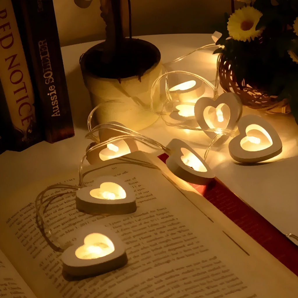 Wooden love lantern string lights in warm white, 1.5m and 3m lengths, battery box or USB powered